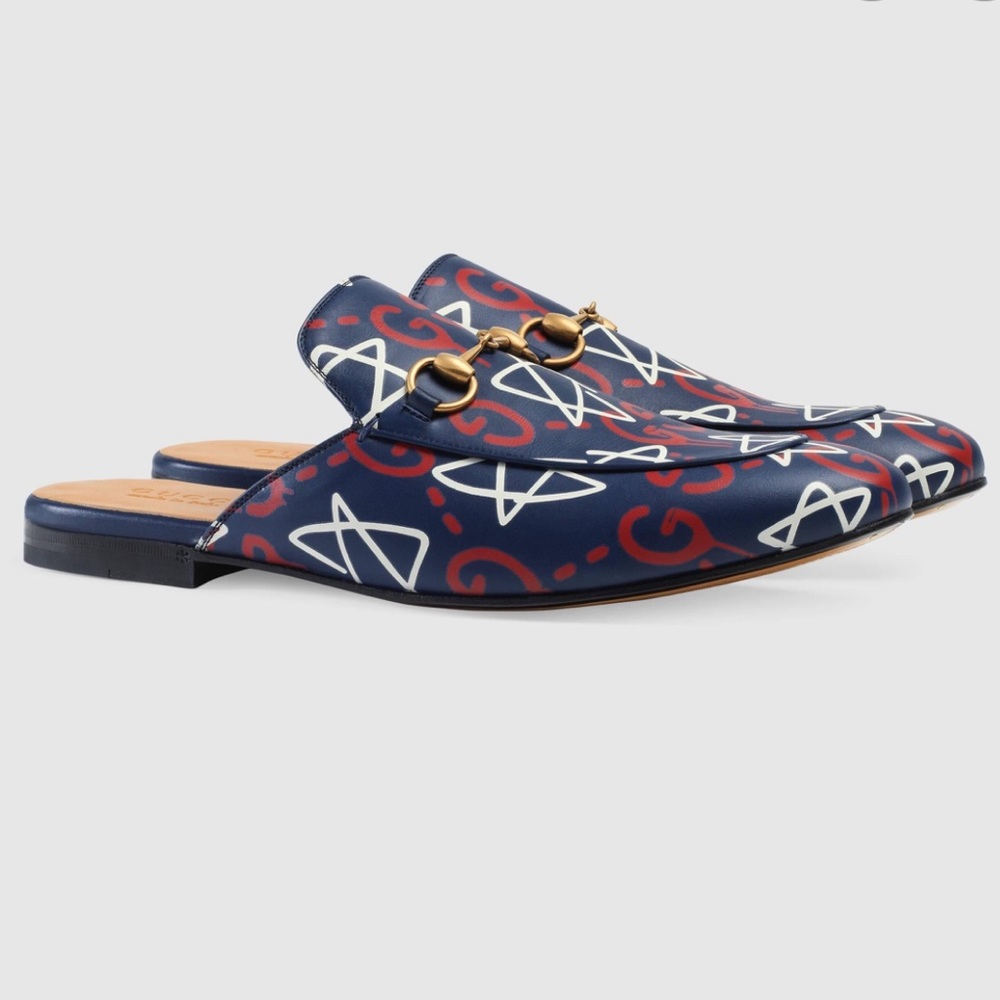 Gucci Blue and Red Patterned Mules